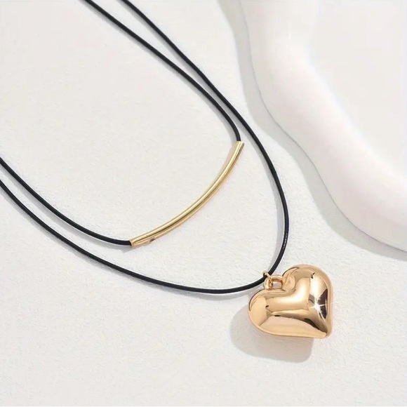 Black Cord Dual Layer Necklace with Geometric Heart - Picture 2 of 3